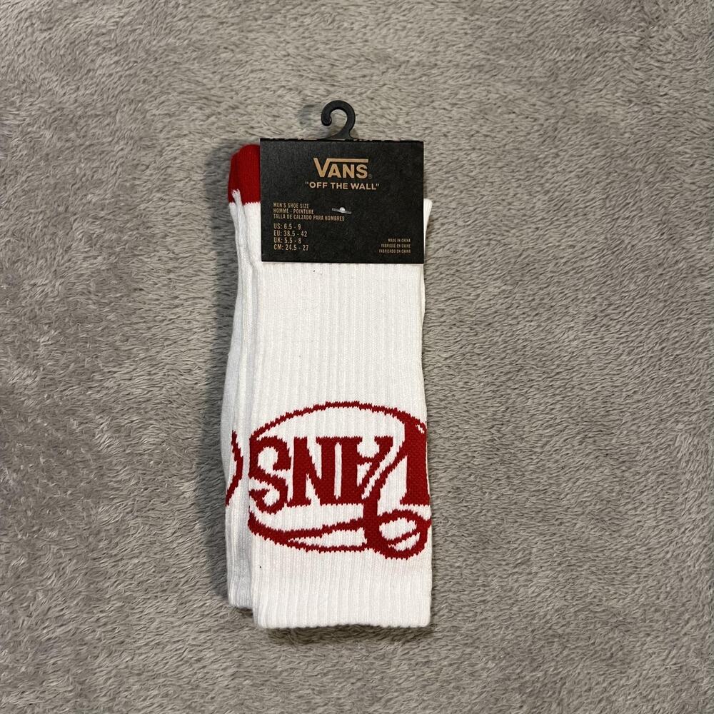 Vans Socks Mens 7-9 White Red Off The Wall Logo Crew Casual Cotton Blend Skate
